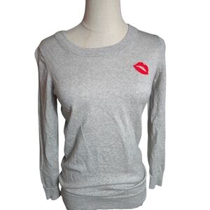 J. Crew Lightweight Wool Gray Long Sleeve Sweater with Embroidere Red Lips